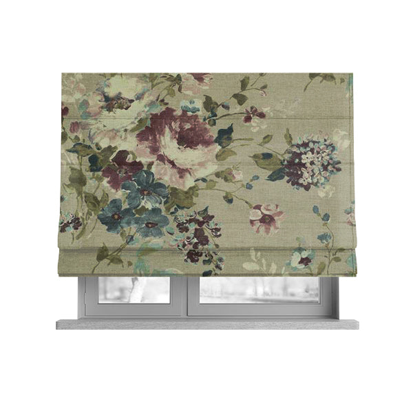 Bukoba Floral Printed Pattern On Linen Effect Material Purple Colour Furnishing Interior Upholstery Fabric - Roman Blinds