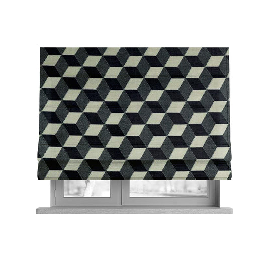 Akita Geometric 3D Pattern Velvet Fabric In Black White Colour - Roman Blinds
