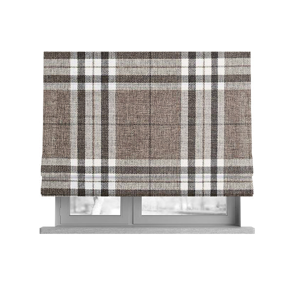 Louise Scottish Inspired Tartan Design Chenille Upholstery Fabric Light Brown Colour - Roman Blinds