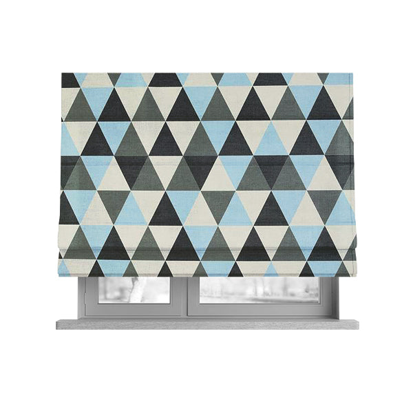 Monica Blue Grey White Black Colour Geometric Pattern Printed Soft Chenille Designer Fabric - Roman Blinds