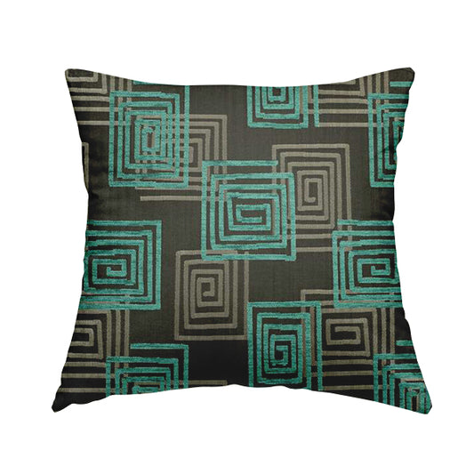 Tinto Shiny Finish Modern Geometric Pattern Chenille Upholstery Fabric In Blue Teal Colour With Silver Grey Background MSS-26 - Handmade Cushions