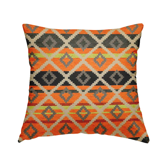 Tutti Frutti Aztec Pattern Chenille Upholstery Fabric In Orange Black Colour MSS-30 - Handmade Cushions