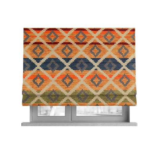 Tutti Frutti Aztec Pattern Chenille Upholstery Fabric In Orange Blue Red Green Colour MSS-31 - Roman Blinds