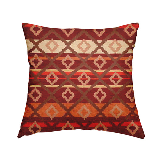 Tutti Frutti Aztec Pattern Chenille Upholstery Fabric In Orange Burgndy Red Colour MSS-32 - Handmade Cushions
