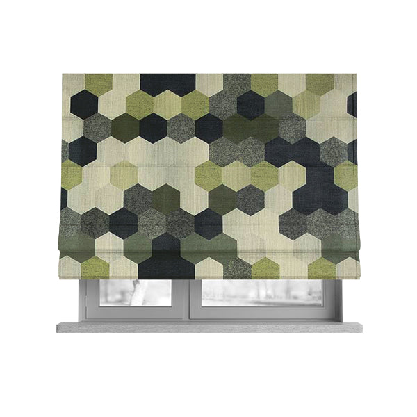 Hannah Geometric Pattern Lime Green Grey White Colour Printed Chenille Upholstery Curtain Fabrics - Roman Blinds