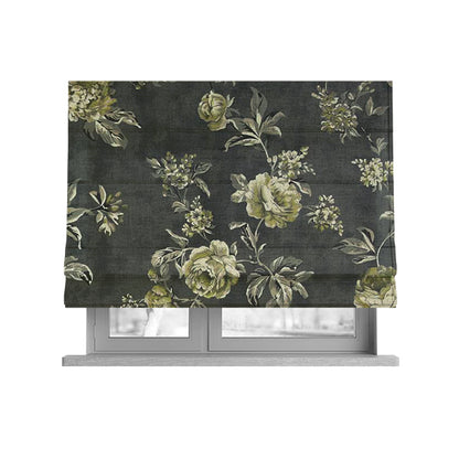 Roxanne Rose Floral Pattern Grey White Colour Printed Chenille Upholstery Curtain Fabrics - Roman Blinds