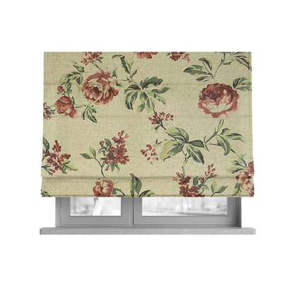 Roxanne Rose Floral Pattern Red Colour Printed Chenille Upholstery Curtain Fabrics - Roman Blinds