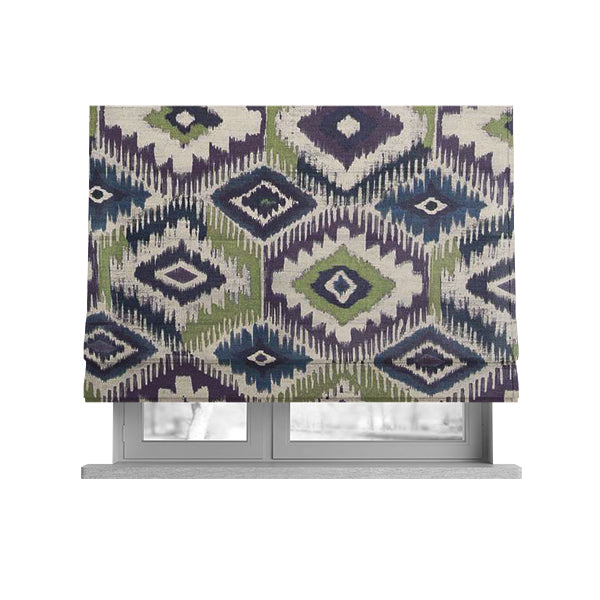 Tracey Geometric Printed Pattern Purple Green Colour Chenille Upholstery Curtain Fabrics - Roman Blinds