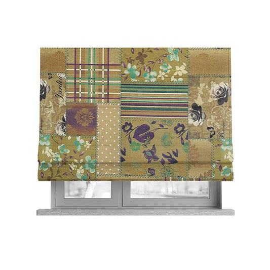 Vanessa Patchwork Pattern Gold Purple Colour Chenille Upholstery Curtain Printed Fabric - Roman Blinds