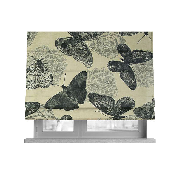 Beth Butterfly Pattern Grey White Colours Printed Linen Effect Upholstery Fabrics - Roman Blinds