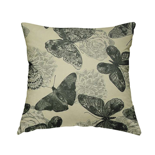 Beth Butterfly Pattern Grey White Colours Printed Linen Effect Upholstery Fabrics - Handmade Cushions