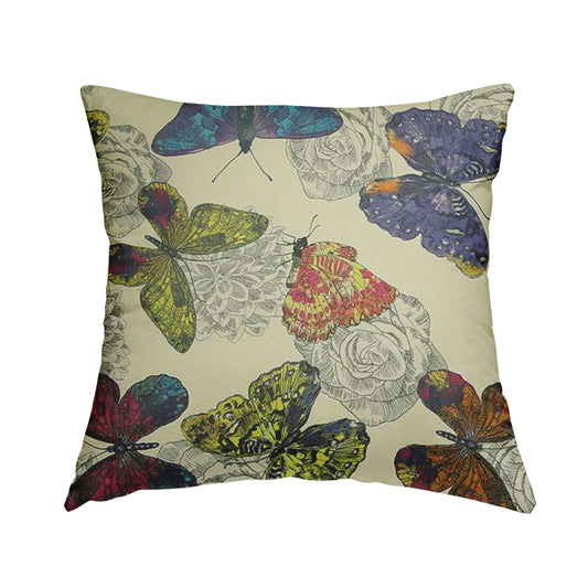 Beth Butterfly Pattern Tropical Yellow Blue Pink Colours Printed Linen Effect Upholstery Fabrics - Handmade Cushions