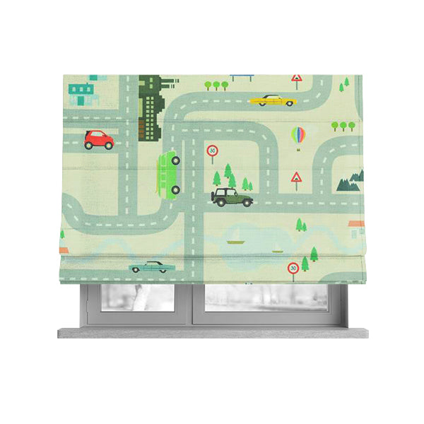 On The Road Map Children Play Mat Car Pattern Printed Upholstery Fabric In White - Roman Blinds