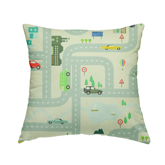 On The Road Map Children Play Mat Car Pattern Printed Upholstery Fabric In White - Handmade Cushions