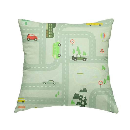 On The Road Map Children Play Mat Car Pattern Printed Upholstery Fabric In Silver - Handmade Cushions