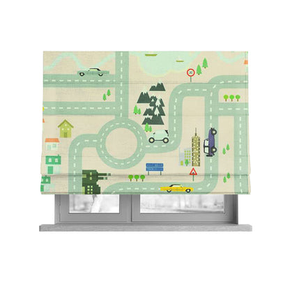 On The Road Map Children Play Mat Car Pattern Printed Upholstery Fabric In Pink - Roman Blinds