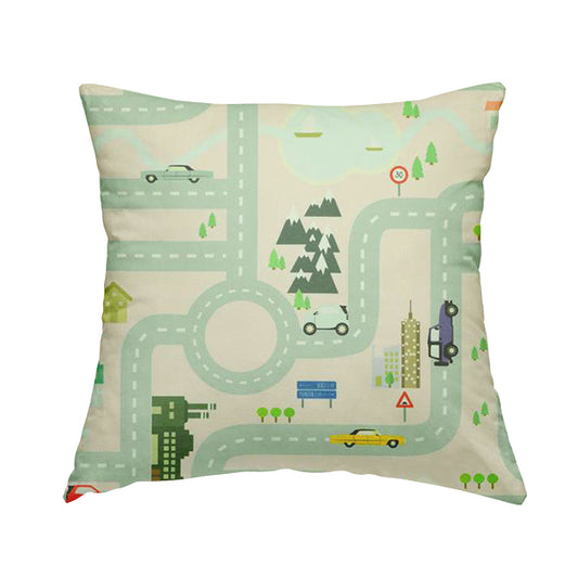 On The Road Map Children Play Mat Car Pattern Printed Upholstery Fabric In Pink - Handmade Cushions