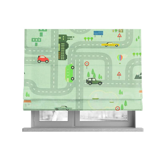 On The Road Map Children Play Mat Car Pattern Printed Upholstery Fabric In Green - Roman Blinds