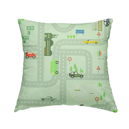 On The Road Map Children Play Mat Car Pattern Printed Upholstery Fabric In Green - Handmade Cushions