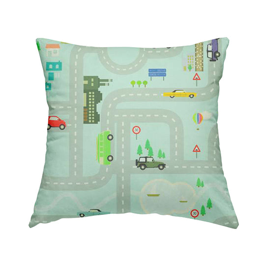 On The Road Map Children Play Mat Car Pattern Printed Upholstery Fabric In Blue - Handmade Cushions