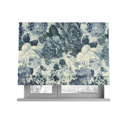 Aliza Floral Pattern Blue Colour Printed Chenille Upholstery Fabric - Roman Blinds