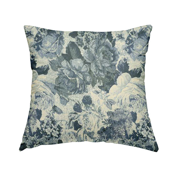 Aliza Floral Pattern Blue Colour Printed Chenille Upholstery Fabric - Handmade Cushions