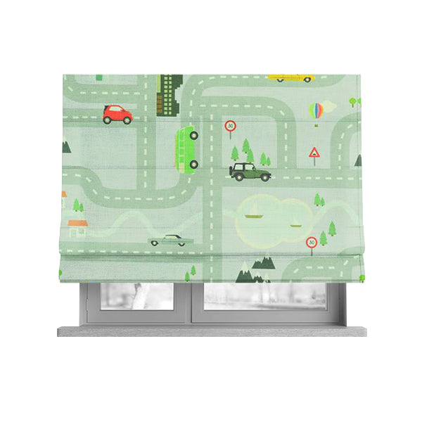 On The Road Map Children Play Mat Car Pattern Printed Upholstery Fabric In Purple - Roman Blinds