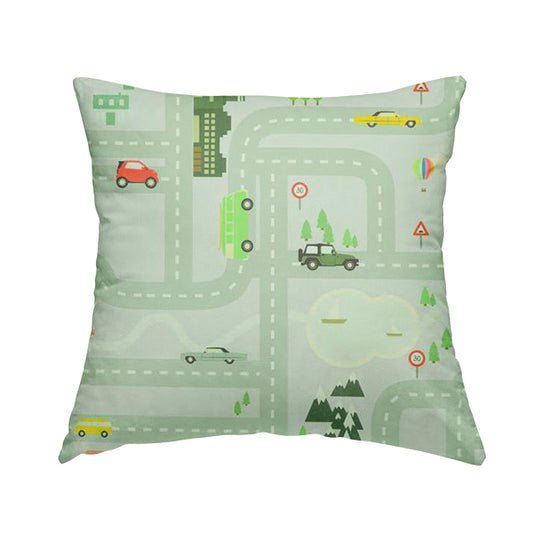 On The Road Map Children Play Mat Car Pattern Printed Upholstery Fabric In Purple - Handmade Cushions