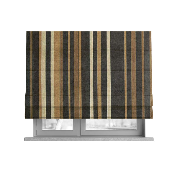 Pandora Vertical Stripes Pattern Soft Chenille Like Velvet Fabric Brown Beige Cream Shade Colour - Roman Blinds