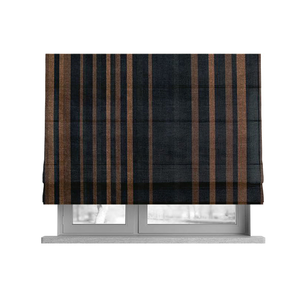 Pandora Vertical Stripes Pattern Soft Chenille Like Velvet Fabric Brown Honey Gold Shade Colour - Roman Blinds