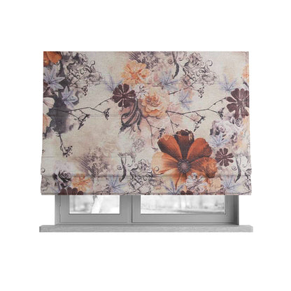 Pat Floral Pattern Orange Brown Colour Printed Velvet Upholstery Curtain Fabrics - Roman Blinds