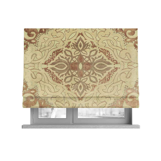 Casablanca Medallion Pattern Velvet Textured Furnishing Fabric In Brown Colour - Roman Blinds