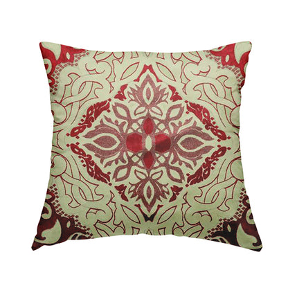 Casablanca Medallion Pattern Velvet Textured Furnishing Fabric In Red Colour - Handmade Cushions