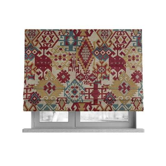 Shajahan Kilim Patchwork Pattern Yellow Blue Red Multi Coloured Furnishing Fabric - Roman Blinds