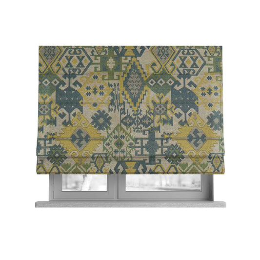 Shajahan Kilim Patchwork Pattern Blue Green Yellow Coloured Furnishing Fabric - Roman Blinds