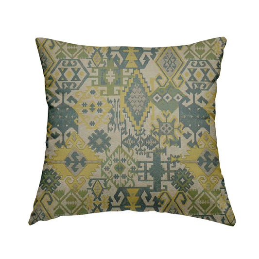 Shajahan Kilim Patchwork Pattern Blue Green Yellow Coloured Furnishing Fabric - Handmade Cushions