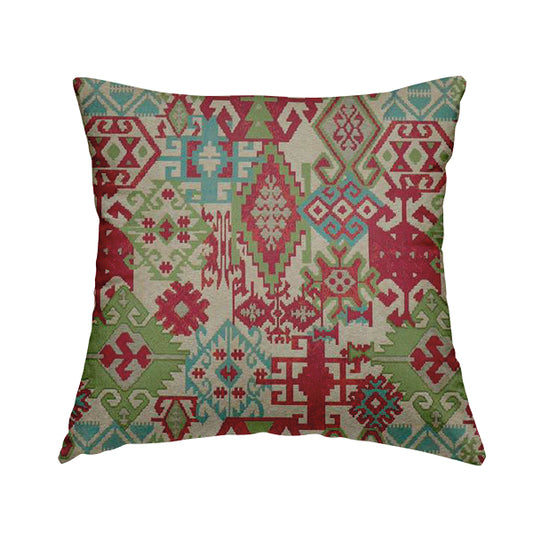 Shajahan Kilim Patchwork Pattern Pink Blue Green Coloured Furnishing Fabric - Handmade Cushions