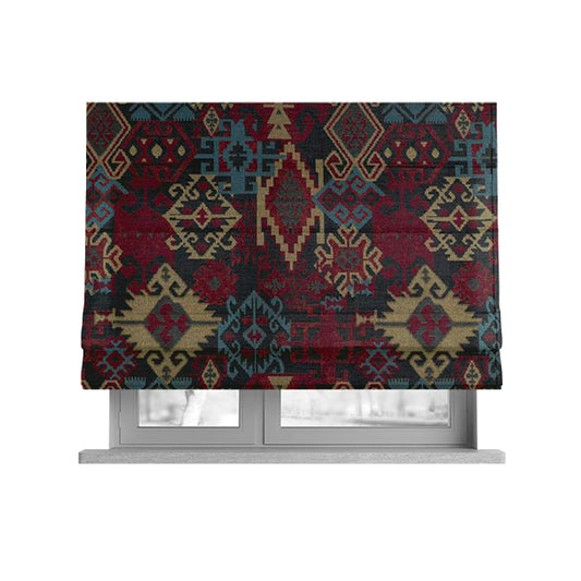 Shajahan Kilim Patchwork Pattern Green Blue Red Yellow Coloured Furnishing Fabric - Roman Blinds