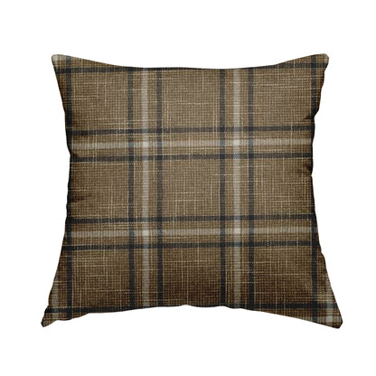 Shaldon Woven Tartan Pattern Upholstery Fabric In Golden Brown Background With Black - Handmade Cushions