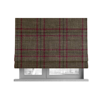 Shaldon Woven Tartan Pattern Upholstery Fabric In Golden Brown Background With Red - Roman Blinds