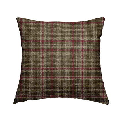 Shaldon Woven Tartan Pattern Upholstery Fabric In Golden Brown Background With Red - Handmade Cushions