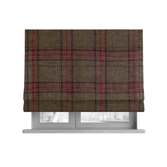 Shaldon Woven Tartan Pattern Upholstery Fabric In Golden Brown Background With Purple - Roman Blinds