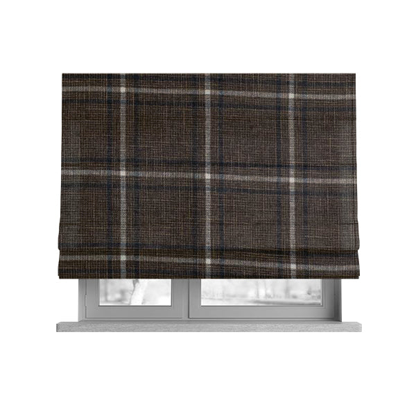 Shaldon Woven Tartan Pattern Upholstery Fabric In Brown Background With Black - Roman Blinds