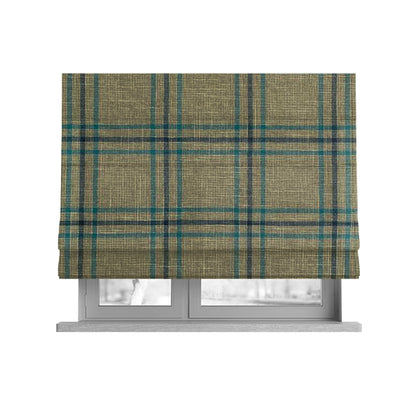 Shaldon Woven Tartan Pattern Upholstery Fabric In Wheat Beige Background With Blue - Roman Blinds