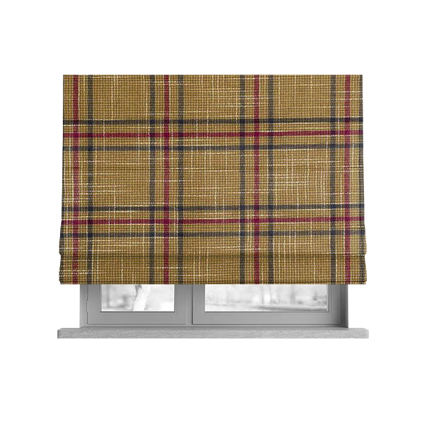 Shaldon Woven Tartan Pattern Upholstery Fabric In Yellow Background With Red - Roman Blinds