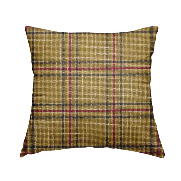 Shaldon Woven Tartan Pattern Upholstery Fabric In Yellow Background With Red - Handmade Cushions