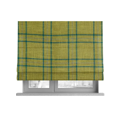 Shaldon Woven Tartan Pattern Upholstery Fabric In Green Background With Blue - Roman Blinds
