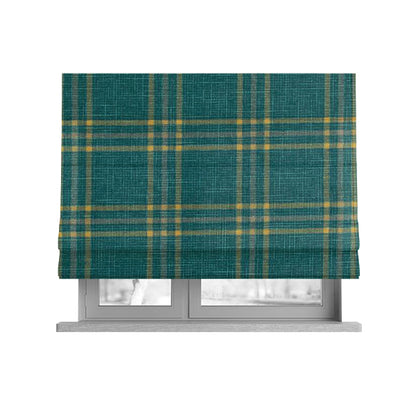 Shaldon Woven Tartan Pattern Upholstery Fabric In Blue Background With Yellow - Roman Blinds