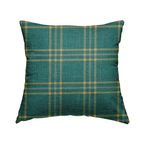 Shaldon Woven Tartan Pattern Upholstery Fabric In Blue Background With Yellow - Handmade Cushions