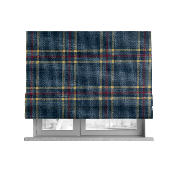 Shaldon Woven Tartan Pattern Upholstery Fabric In Blue Background With Red - Roman Blinds